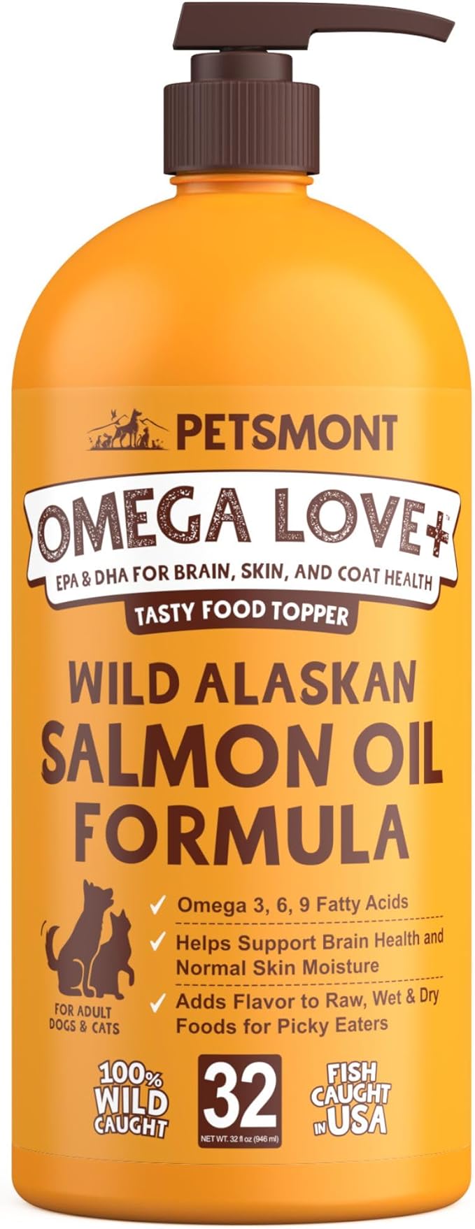 Petsmont Omega Love+ Wild Alaskan Salmon Oil for Dogs Formula 32 oz - Fish Omega Liquid Pump Cats Supports Joint Function Immune Heart Health Food Supplement Pets Natural EPA DHA Fatty Acids