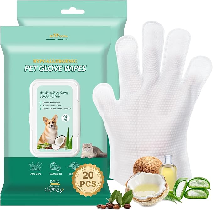 20 PCS Pet Cleaning and Deodorizing Bathing Grooming Glove Wipes for Dogs and Cats, Extra Thick Nourish Fur No-Rinse Grooming Wipes for Daily Care and Travel, Hypoallergenic