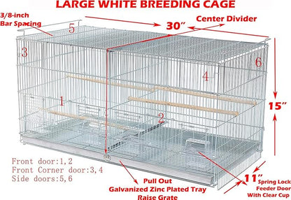LOT of Large White Stackable Breeder Bird Flight Cage with Removable Center Divider and Breeding Nest Box Doors (White, 30"x11"x15"H Lot of 4)