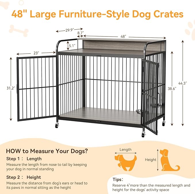 48" L X 30" W X 44.3" H Dog Crate Furniture, Dog Crate Indoor with Adjustable Height Bowls, Wooden Heavy Duty, 48 Inch Dog Kennel Furniture for Large Dogs,Grey