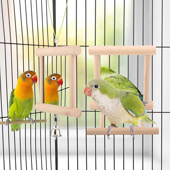 Wontee Bird Mirror Bird Toys for Budgies Parakeets Cockatiels Lovebirds Conures (Wood color-2pcs)