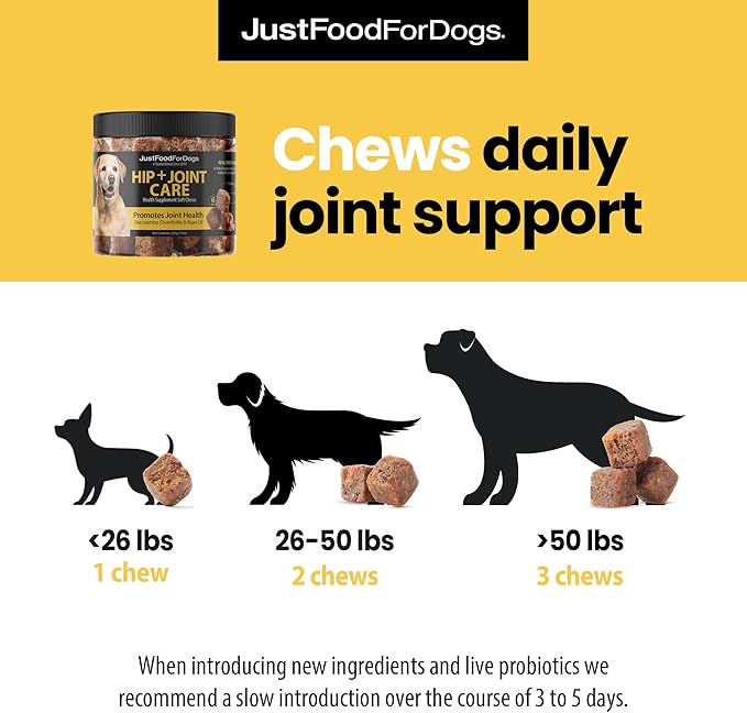 JustFoodForDogs Hip + Joint Soft Chews Mobility Supplement for Dogs with Glucosamine and Chondroitin, Superfood Blend, Human Grade, Plant-Based - 45 Count