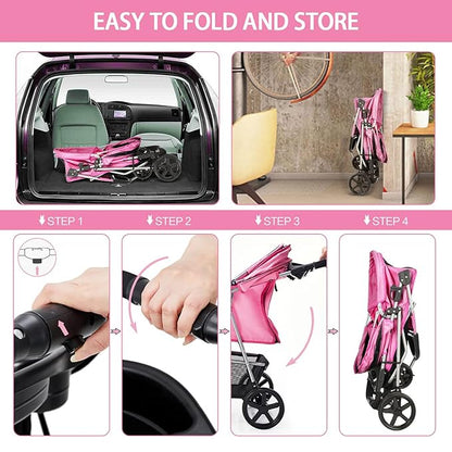 Dog Stroller for Small Dogs, Portable Pet Stroller for Cats Folding Puppy Stroller Lightweight Dog Cat Cage Jogger Stroller with Storage Basket and Cup Holder, 3 Wheels, Pink