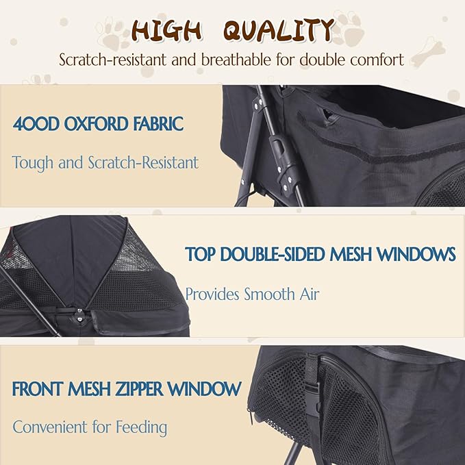 3 in 1 Dog Stroller, 4 Wheels Pet Stroller Dog Cat Stroller for Medium Small Dog Cats Up to 50lbs, Foldable Carrier Jogger Travel Puppy Stroller with Cup Holder & Breathable Mesh, Black