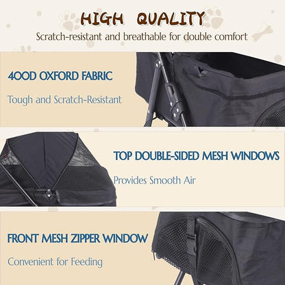 3 in 1 Dog Stroller, 4 Wheels Pet Stroller Dog Cat Stroller for Medium Small Dog Cats Up to 50lbs, Foldable Carrier Jogger Travel Puppy Stroller with Cup Holder & Breathable Mesh, Black