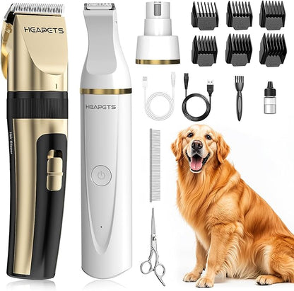 Dog Hair Clippers for Grooming Kit and Dog Paw Trimmer Nail Grinder for Grooming, Low Noise Rechargeable Cordless, Shaver Grooming Supplies for Pet Cats Dogs (Gold, White)