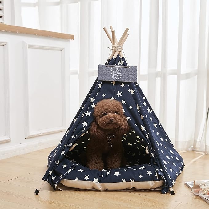 Pet Teepee Tents, 24 Inch Portable Indoor Dog Teepee Bed with Thick Cushion, Washable Navy Blue Stars Pattern Teepee Tent House for Puppy & Cat
