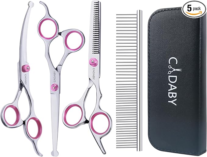 5 in 1 Dog Grooming Scissors with Safety Round Tips, Dog Grooming Scissors Kit, 4CR Stainless Steel Professional Pet Grooming Shears for Dog, Cat,Sharp and Sturdy, Pink