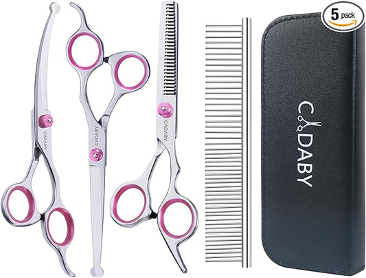 5 in 1 Dog Grooming Scissors with Safety Round Tips, Dog Grooming Scissors Kit, 4CR Stainless Steel Professional Pet Grooming Shears for Dog, Cat,Sharp and Sturdy, Pink