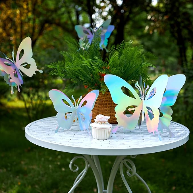 8 Pcs Iridescent Hanging Butterfly Decorations, Butterfly Birthday Decorations, Shiny Foil Look Thick 3D Paper Butterflies for Birthday, Baby Shower, Wedding, Centerpiece or Hanging Decor