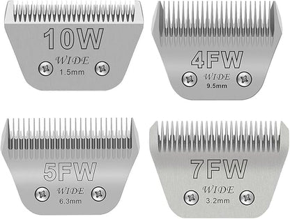4PCS Wide Blades for Dog Grooming Blades Compatible with Andis,Oster A5,Wahl km10 Dog Clippers Stainless Steel Blades for Animal Dog,Cat,Horse,Silver Size: #10W+30W+5FW+7FW