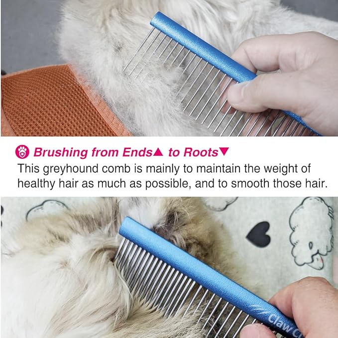 7.5" Greyhound Oval Grooming Comb  Blue Aluminum Spine, Stainless Steel Teeth Comb for Long-Haired Dogs & Cats, Removes Mats, Tangles, and Loose Fur  Lightweight for Long Time Deshedding