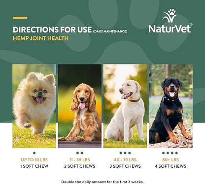 NaturVet Hemp Joint Health Hip & Joint Support Dog Supplement  Soft Chew Supplements for Dogs with Glucosamine, MSM, Chondroitin, Omega 3, Vitamins, Antioxidants  240 Ct.
