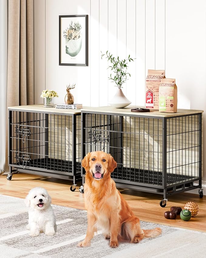 GAOMON 2024 New 32.5" Dog Crate Furniture, Heavy-Duty Wooden Dog Kennel with Removable Tray and Wheels, Double-Doors Dog Cage End Table, Indoor Dog House for Medium/Small Dogs, Rustic Gray