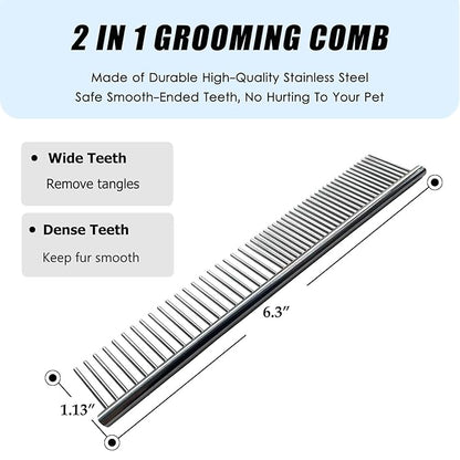 Deshedding Dog Brush And Metal Comb, Cat Brush Dog Brush Undercoat Rake for Dogs & Cats, Pet Grooming Brush For Shedding, Dematting, Pet Hair Removal Tool For Long Haired Dogs, Blue