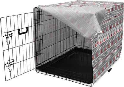 Ambesonne Christmas Dog Crate Cover, Xmas Border Deers Trees and Merry Christmas Lettering Bows Bells Image, Easy to Use Pet Kennel Cover for Cats & Medium Dogs, 30 Inch, Grey White and Red