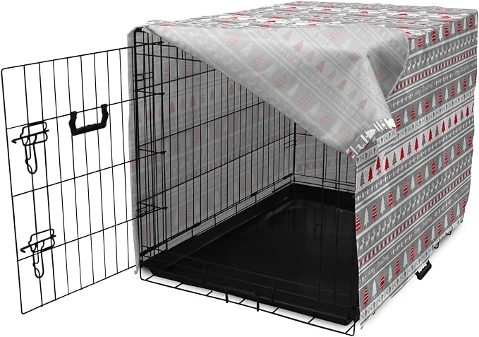 Ambesonne Christmas Dog Crate Cover, Xmas Border Deers Trees and Merry Christmas Lettering Bows Bells Image, Easy to Use Pet Kennel Cover for Cats & Medium Dogs, 30 Inch, Grey White and Red