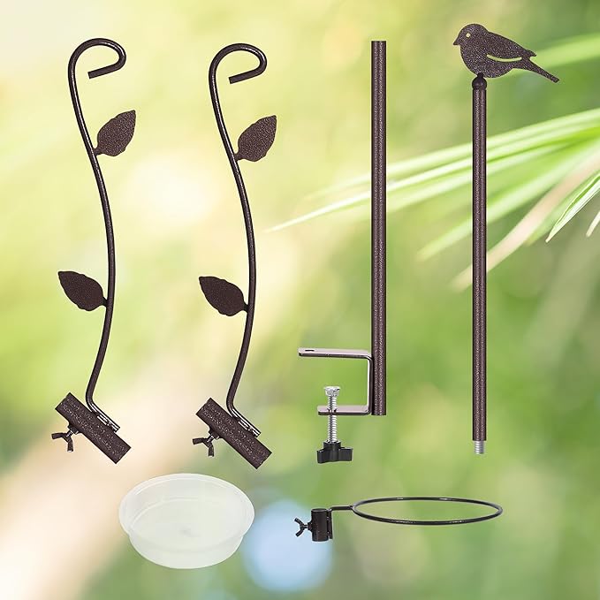 Deck Bird Feeder Pole Porch Multi-Hooks Hanging Kit for Outside with Two Adjustable Branches, Water Bowl, Bird Feeder Planter Hanger