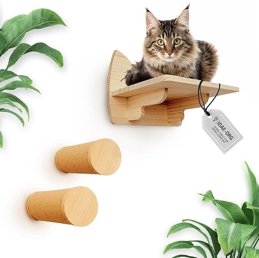IDAE Cat Wall Shelves Set of 3 – Solid Wood Cat Shelf with 2 Wall Steps - Modern Climbing Furniture for Large Indoor Cats - Space-Saving Natural Perch Set