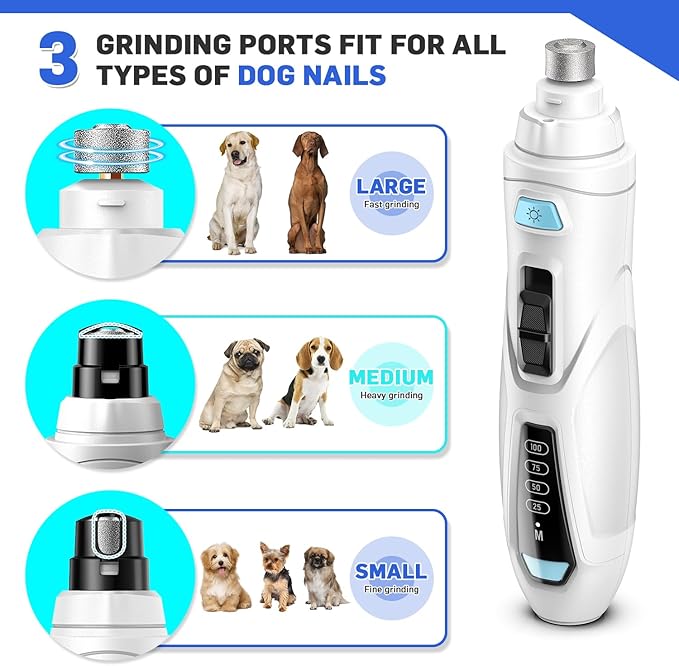 Dog Nail Grinder Super Quiet Dog Nail Trimmers 3 Grinding Wheels 3 Speed Rechargeable Pet Nail Grinder LED Display Dog Nail Clippers Kit for Large Medium Small Dogs Cats Dog Nail File Toenail Clippers