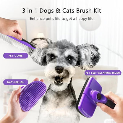 Dog Brush Kit  3-in-1 Grooming Set with Self-Cleaning Slicker Brush for Small, Medium & Large Dogs & Cats, Suitable for Short & Long Haired Pets, Reduces Shedding, Tangles, Mats & Knots
