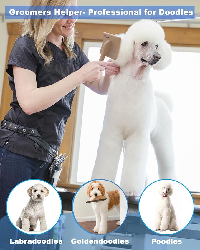 Dog Slicker Brush, Large Dog Brush, Professional Doodles Brush, for Poodles, Goldendoodles and Labradoodles, Easy to Remove Tangles, Mats and Fluff, 3.8''*3.2'' Head, 8'' Body, Large, Wood