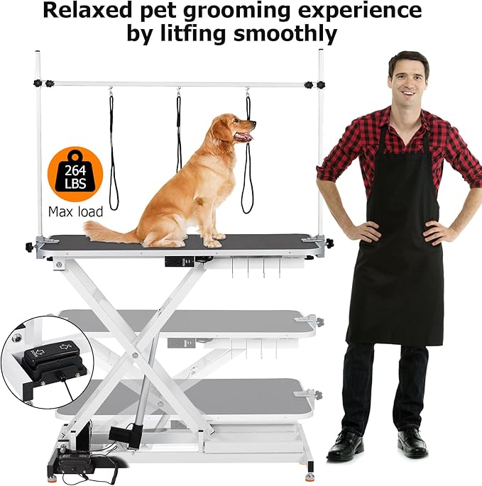 47 Electric Lift Dog Grooming Table (White), Heavy Duty Electric Grooming Arm Table for Pets & Large Dogs Adjustable Height: 9.4"-39.4" Non-slip Desktop with Gantry Crane Set, Fixture *4 Noose*2