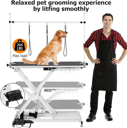 47 Electric Lift Dog Grooming Table (White), Heavy Duty Electric Grooming Arm Table for Pets & Large Dogs Adjustable Height: 9.4"-39.4" Non-slip Desktop with Gantry Crane Set, Fixture *4 Noose*2