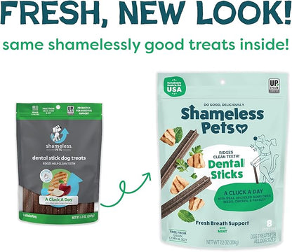 Shameless Pets Dental Treats for Dogs, A Cluck A Day - Healthy Dental Sticks with Digestive Support for Teeth Cleaning & Fresh Breath - Chews Free from Grain, Corn & Soy