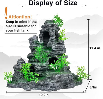 Aquarium Decoration Large and Tall Fish Tank Decor Aquarium Rock Mountain View Aquarium Ornament Tree House Cave for Large Tank - 10.2 Inches High