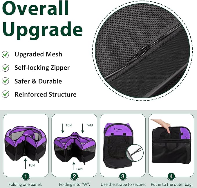 Love's cabin Pet Puppy Dog Playpen, Large Dog Tent Crates Cage Indoor/Outdoor, Portable Playpen for Dog and Cat, Foldable Pop Up Dog Kennel Playpen with Carring Case, Removable Zipper Top, Purple