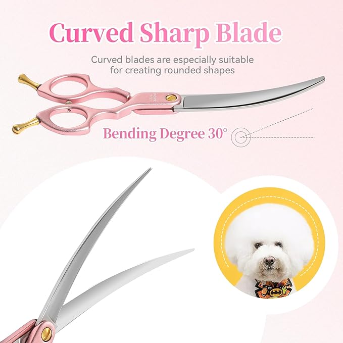 6.5'' Small Curved Dog Grooming Scissors Pink Professional Trimming Shears with Ultra-Lightweight Offset Handle CNC 440C Stainless Steel Blades Pet Scissors for Face and Paws
