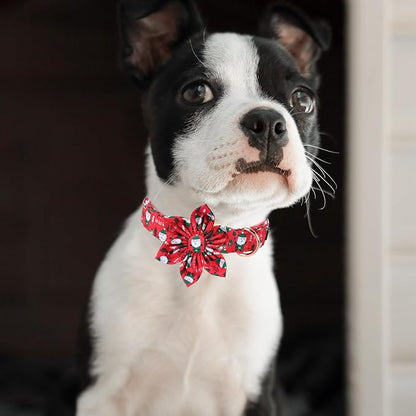 MR. CHUBBYFACE Christmas Santa Dog Collar with Flower, Red and Green Cotton Dog Collars,Adjustable Christmas Dog Collars with Bowtie for Puppy Small Medium Large Dogs