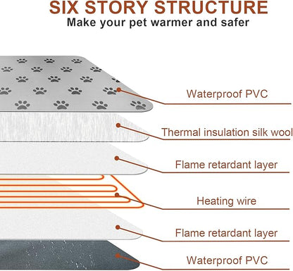 Pet Heating Pad 22x18 in Cat Heating Pads for Cats Waterproof Smart Thermostat Switch, Adjustable Heated Cat Bed, Adding Wire Rope Wires Cat Warming Pad-Paw Print