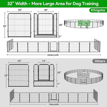 Dog Playpen Outdoor Extra Wide 32 Panels Heavy Duty Dog Fence 32" Height Anti-Rust with Doors Portable for RV Camping Yard, Total 84FT, 561 Sq.ft, Snowy Black