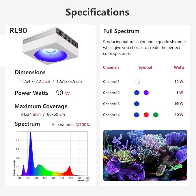 PopBloom RL90 WiFi Reef LED Light, 100W Reef Aquarium Lighting for SPS LPS Corals and Saltwater Fish Tanks, Enhanced Violet and Blue Spectrum,APP Fully Programmable (1 Light with Hang kit)