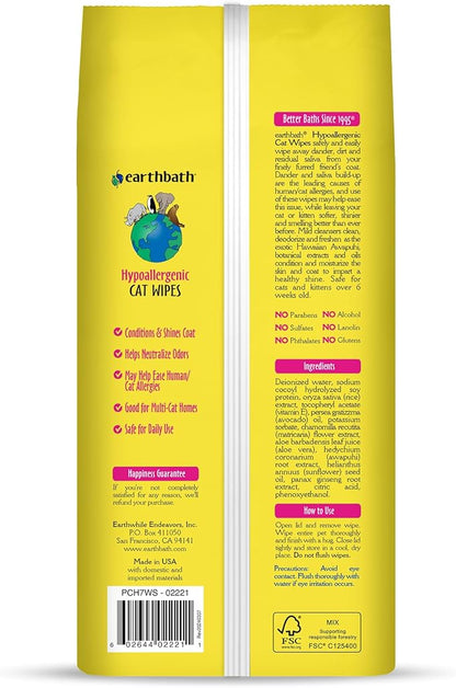 earthbath, Hypo-Allergenic Cat Wipes - Fragrance Free Cat Wipes for Paws and Butt, Best Pet Wipes for Cats with Sensitive Skin, Made in USA, Cruelty-Free Cat Cleaning Wipes - 100 Count (2 Pack)