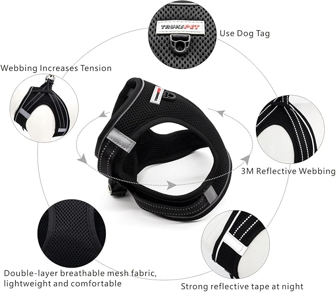 Dog Harness and Leash Set, Step in no Pull Dog Harness Adjustable Reflective Padded Mesh Fabric Dog Vest for Extra-Small/Small Medium Dogs and Cats-XS-Black