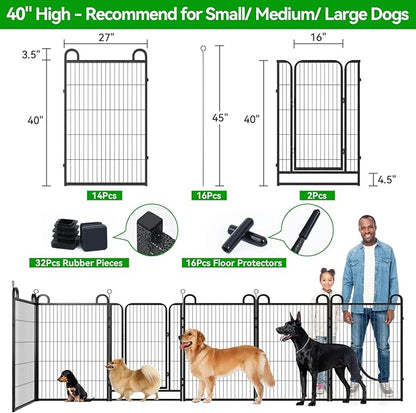 Dog Playpen Outdoor 16 Panels Heavy Duty Dog Fence 40" Height Anti-Rust with Doors Portable for RV Camping Yard, Total 36FT, 103 Sq.ft, Snowy Black