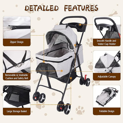 3 in 1 Dog Stroller, 4 Wheels Pet Stroller Dog Cat Stroller for Medium Small Dog Cats Up to 50lbs, Foldable Carrier Jogger Travel Puppy Stroller with Cup Holder & Breathable Mesh, Grey