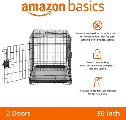 Amazon Basics Durable,Foldable Metal Wire Dog Crate with Tray, Double Door, 30 x 19 x 21 in, Black