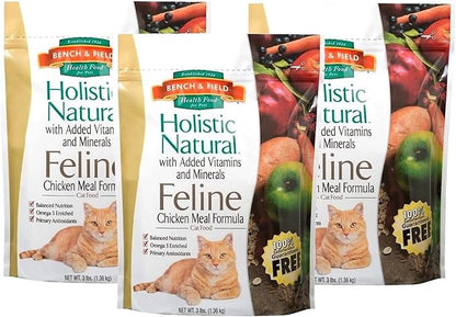 Bench & Field Holistic Natural Premium Adult Dry Cat Food, Chicken Meal and Brown Rice Recipe 3 lb Bags (Pack of 3)