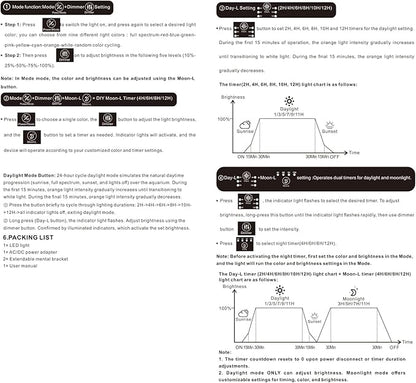 hygger LED Aquarium Light with Timer, 40W Full Spectrum Fish Tank Plant Growth Lamp, 24 H Remote Control, Adjustable Brightness & 10 Colors, Extendable Bracket, Power-Off Memory, Fits 36-48 Inch Tank