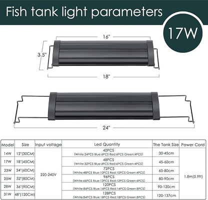 AQQA Aquarium Light,Full Spectrum LED Fish Tank Lights,12"-54" Adjustable Multi-Color White Blue Red Green LEDs with Extendable Brackets,14W-31W for Freshwater Plants (17W (18"-24"))