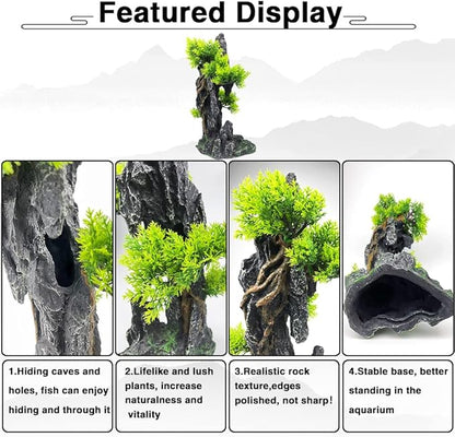 Aquarium Mountain View Stone Ornament Tree Rock Cave - Aquarium Decorations Large and Tall Fish Tank Decorations for Large Fish Tank - 13.4 Inches High