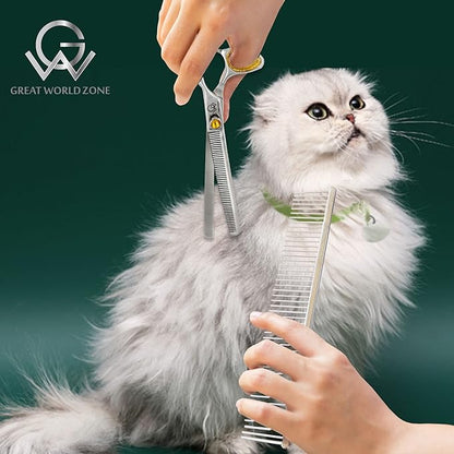 8.5'' Professional Thinning Grooming Scissors for Cats and Dogs, 50-Tooth Blending Shears, Sharp J2 Stainless Steel Blades with Safety Round Tip, Yellow Jeweled Screw, Silver Includes Cleaning Brush.