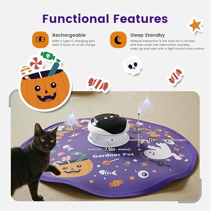 Gardner Pet Halloween Cat Laser Toys, Chargeable 5 in1 Hide and Seek Automatic Interactive Cat Toy, Moving Ambush Feather, Track Balls,Indoor Exercise Kicker 24 inch Cover for All Breeds, Chirping