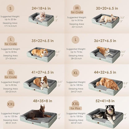 EHEYCIGA Orthopedic Dog Beds for Extra Large Dogs, Waterproof Memory Foam XXL Dog Bed with Sides, Non-Slip Bottom and Egg-Crate Foam Big Dog Couch Bed with Washable Removable Cover, Greyish Green