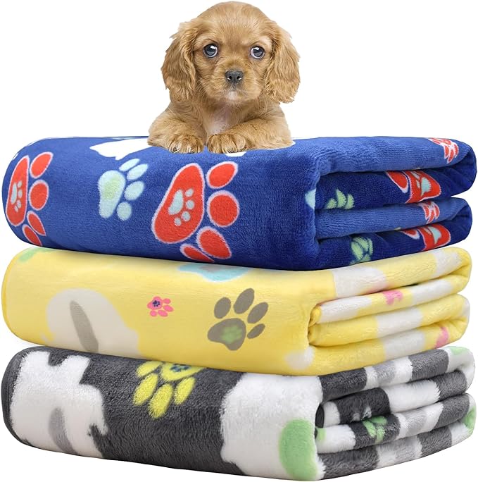 Rezutan Dog Blankets for Small Dogs,1 Pack 3 Premium Soft Dog Puppy Blankets, with Flannel Cute Elephant Dog Paw, Small Cat Kitten Blankets, Grey/Blue/Yellow, 24x20 inch.