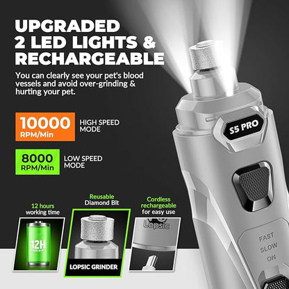 Dog Nail Grinder with 2 LED Lights Powerful 2 Speeds Super Quiet Dog Nail Trimmers with 3 Grinding Wheels Rechargeable Pet Dog Nail Clippers for Large Medium Puppy Dogs Dog Nail File Cat Nail Clipper